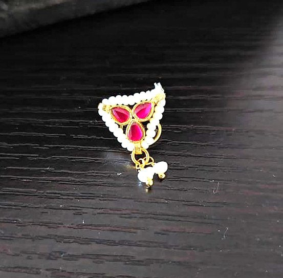Sterling Silver Jewellery..Sterling Silver Pearl Zircon Red Triangle Nosepin...Nath