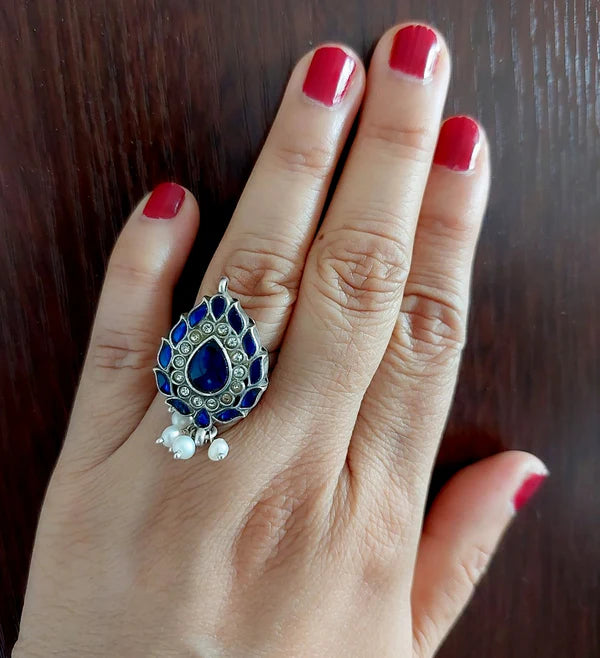 Sterling Silver Jewellery..Sterling Silver Finger Ring Silver Blue Kundan Pearl Finger Ring...Kundan