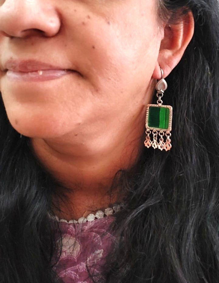 Sterling Silver Jhumka Danglers Silver Green Glass Jhumka Dangler...Tribe