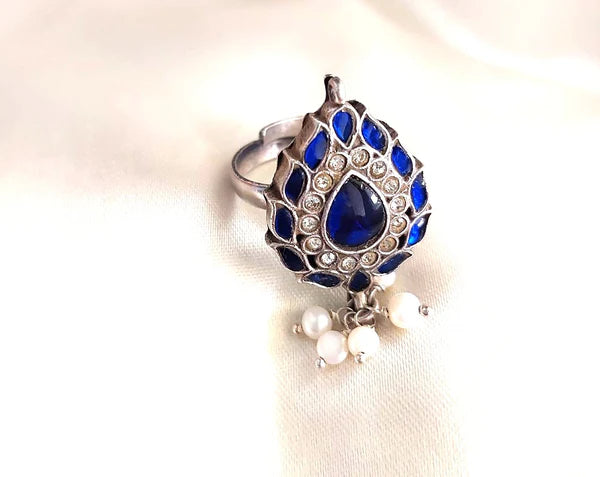 Sterling Silver Jewellery..Sterling Silver Finger Ring Silver Blue Kundan Pearl Finger Ring...Kundan