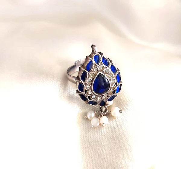 Sterling Silver Jewellery..Sterling Silver Finger Ring Silver Blue Kundan Pearl Finger Ring...Kundan