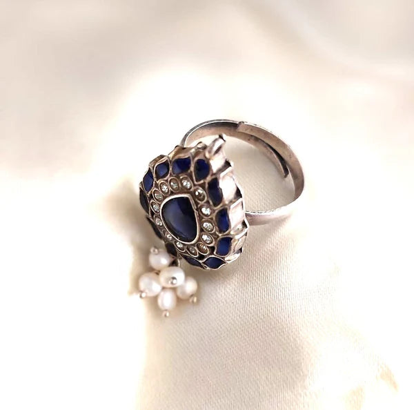 Sterling Silver Jewellery..Sterling Silver Finger Ring Silver Blue Kundan Pearl Finger Ring...Kundan