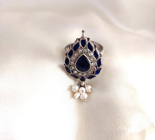 Sterling Silver Jewellery..Sterling Silver Finger Ring Silver Blue Kundan Pearl Finger Ring...Kundan