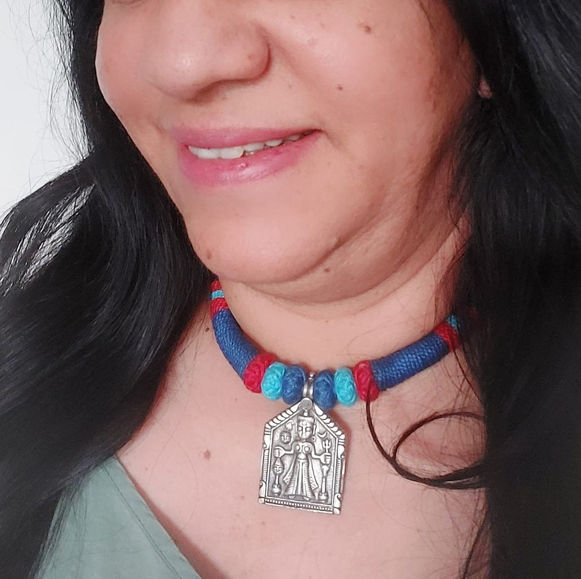 Sterling Silver Choker Silver Choker Silver Navy Blue Light Blue Red Thread Devi Choker