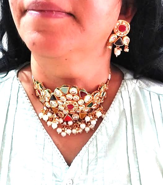 Fashion Jewellery Brass Jewellery Brass Kundan/Pearl Choker with matching earrings