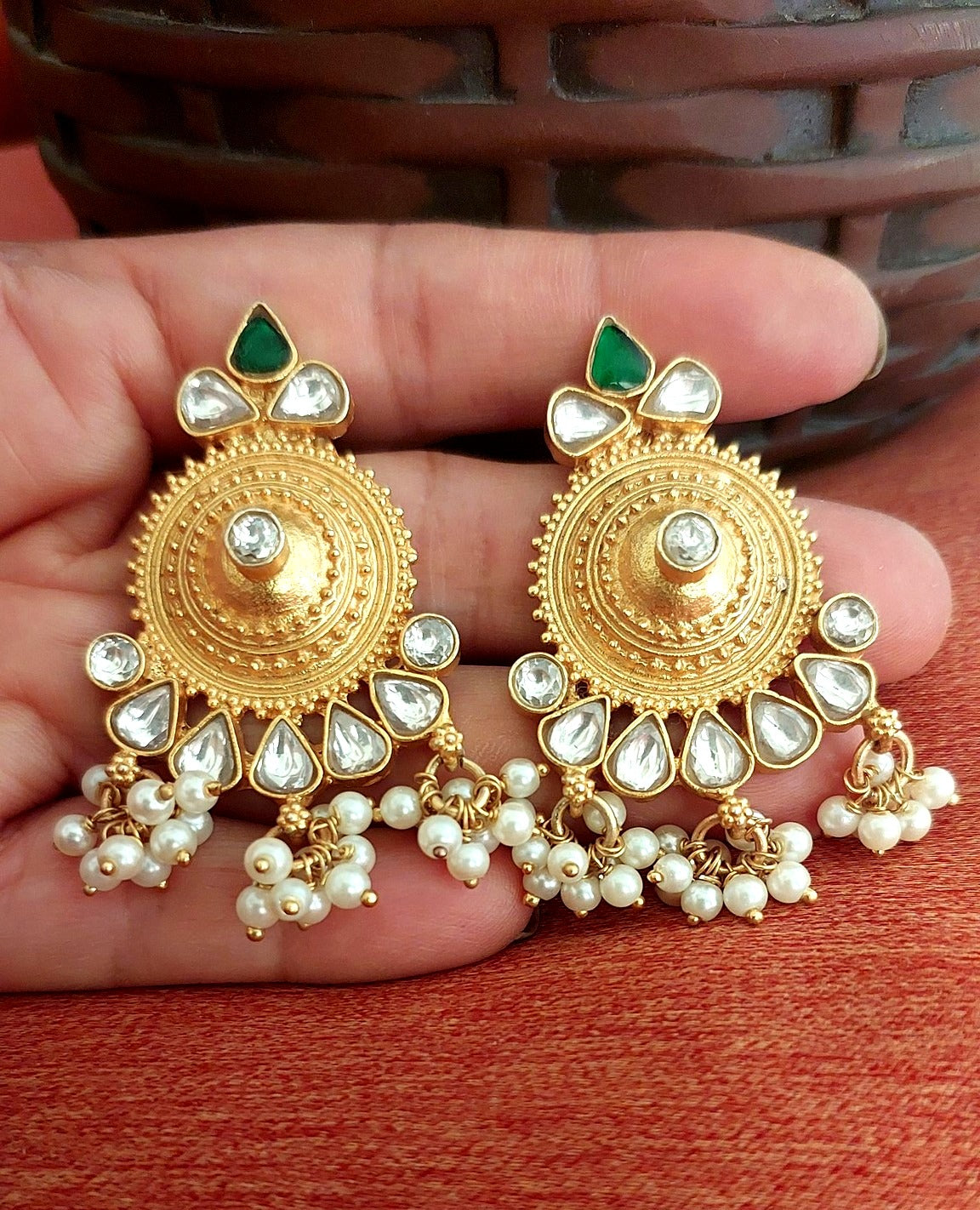 Riwaz..Sterling Silver Danglers Silver Green Kundan Pearl Danglers
