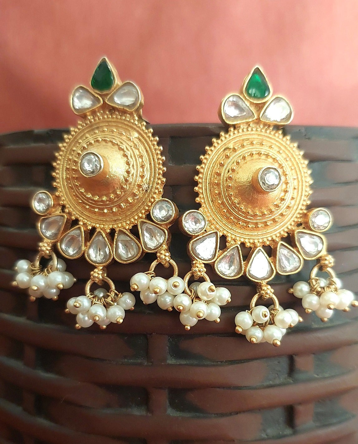 Riwaz..Sterling Silver Danglers Silver Green Kundan Pearl Danglers