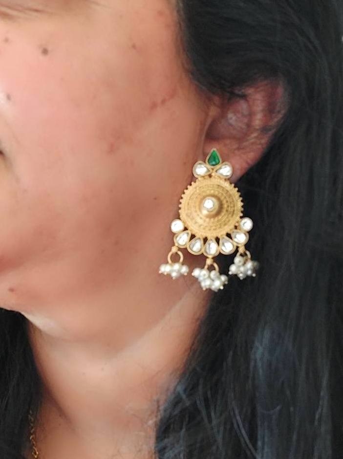 Riwaz..Sterling Silver Danglers Silver Green Kundan Pearl Danglers