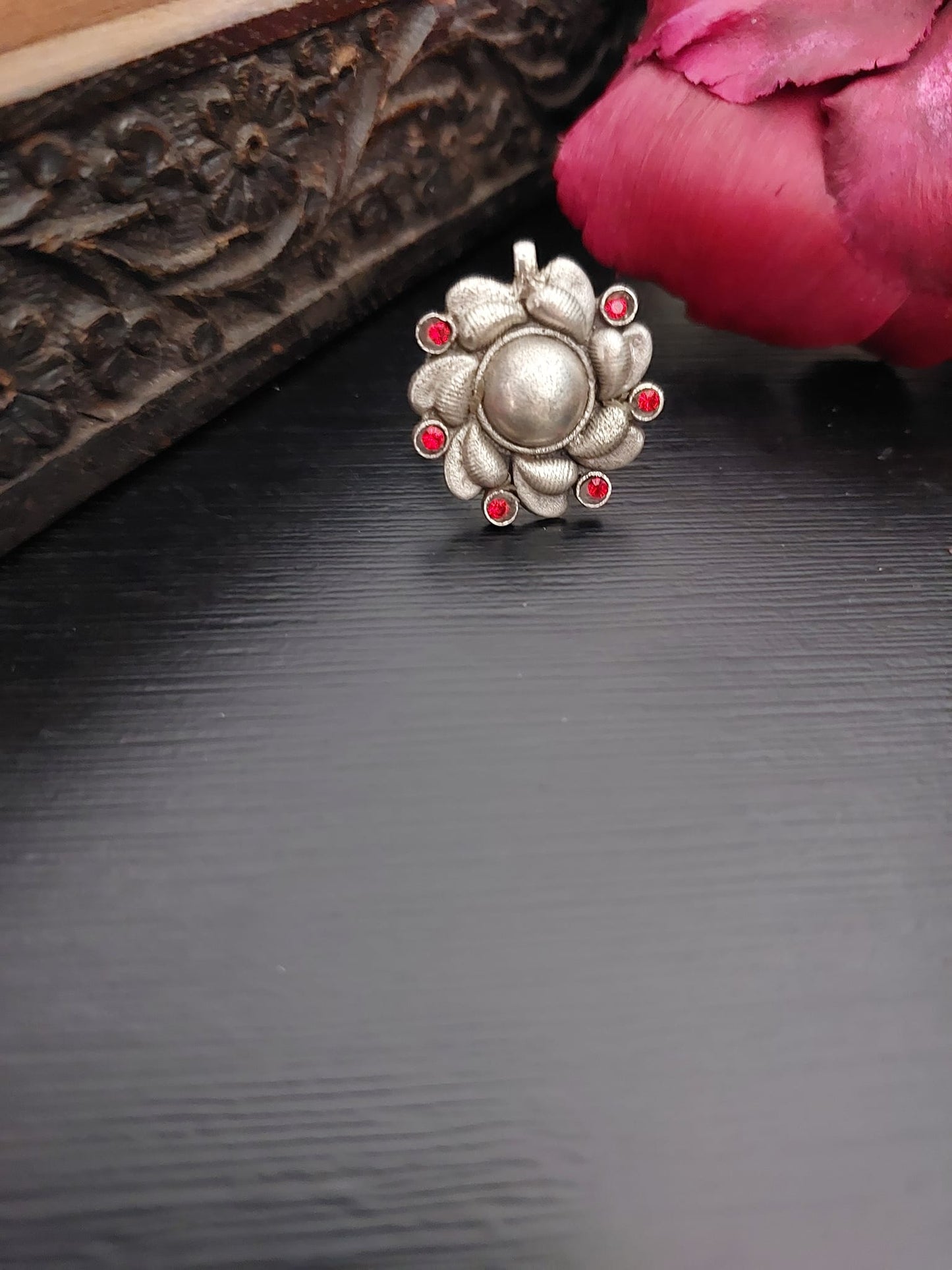 Sterling Silver Jewellery..Sterling Silver Finger Rings Silver Flower Ruby Studed Finger RingBanjaran...Banjaran