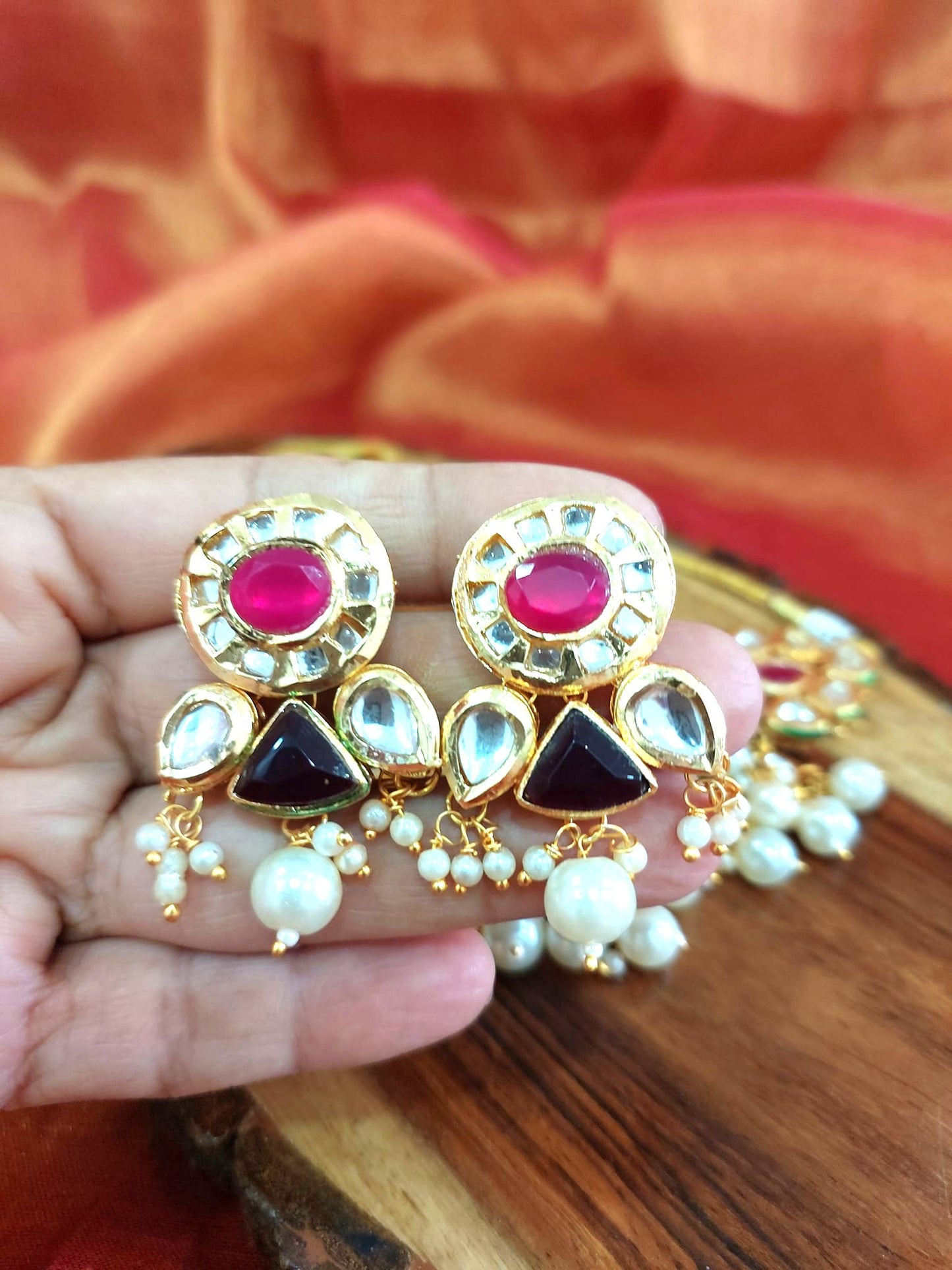 Fashion Jewellery Brass Jewellery Brass Kundan/Pearl Choker with matching earrings
