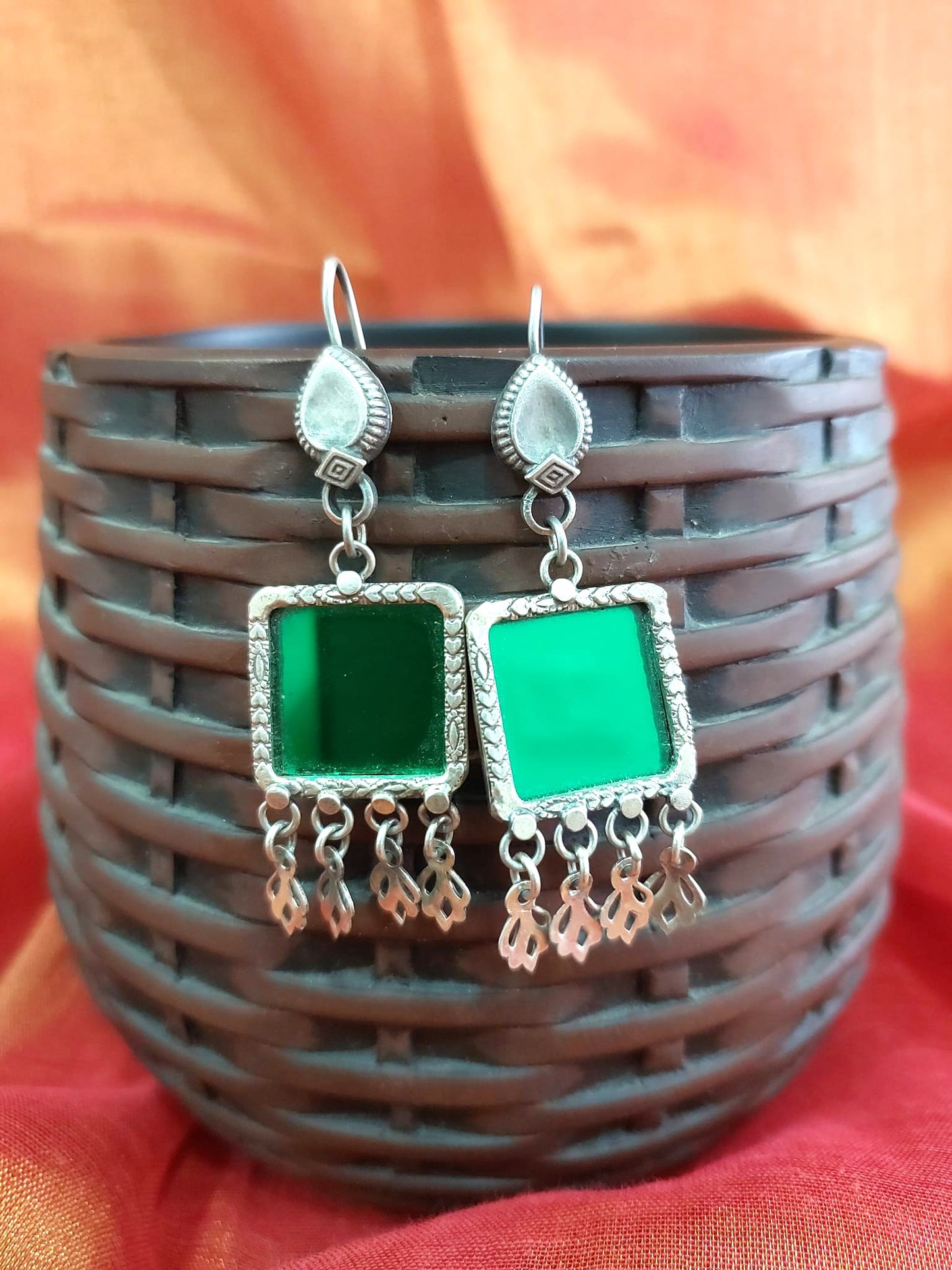 Sterling Silver Jhumka Danglers Silver Green Glass Jhumka Dangler...Tribe