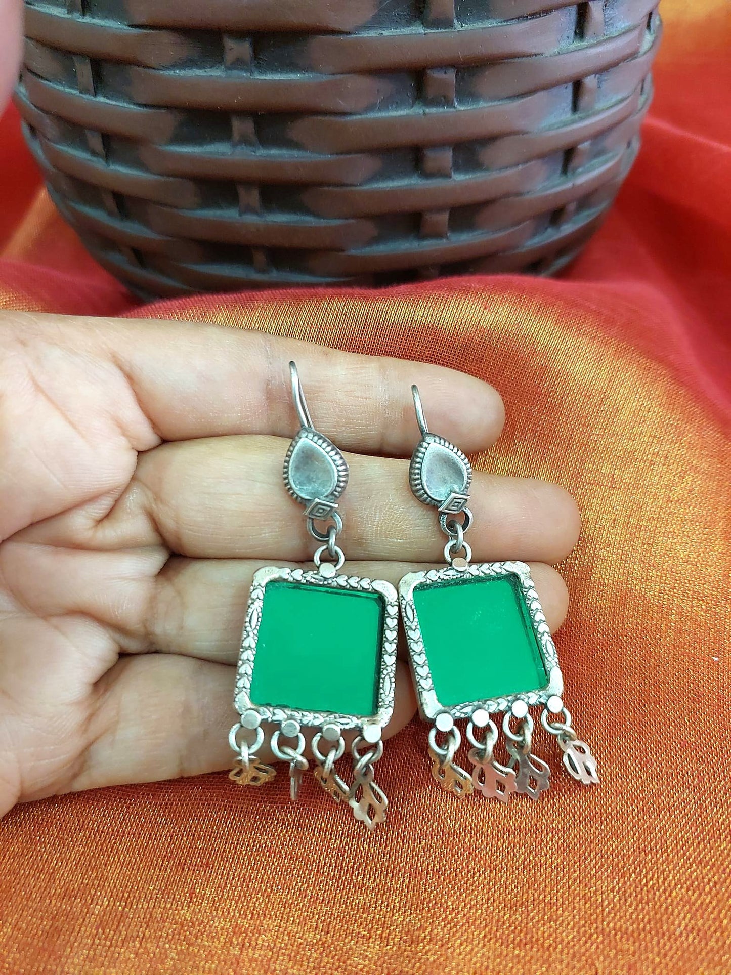Sterling Silver Jhumka Danglers Silver Green Glass Jhumka Dangler...Tribe