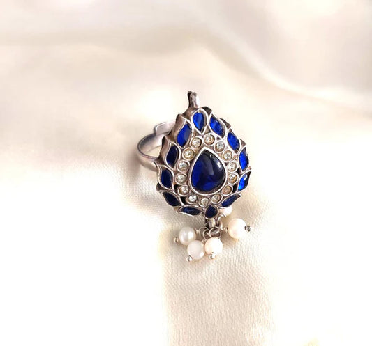 Sterling Silver Jewellery..Sterling Silver Finger Ring Silver  Blue Kundan Pearl Finger Ring...Kundan