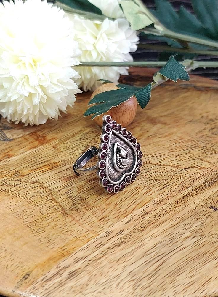 Banjaran..Sterling Silver Ruby Studded Leaf shape Finger Ring Adjustable