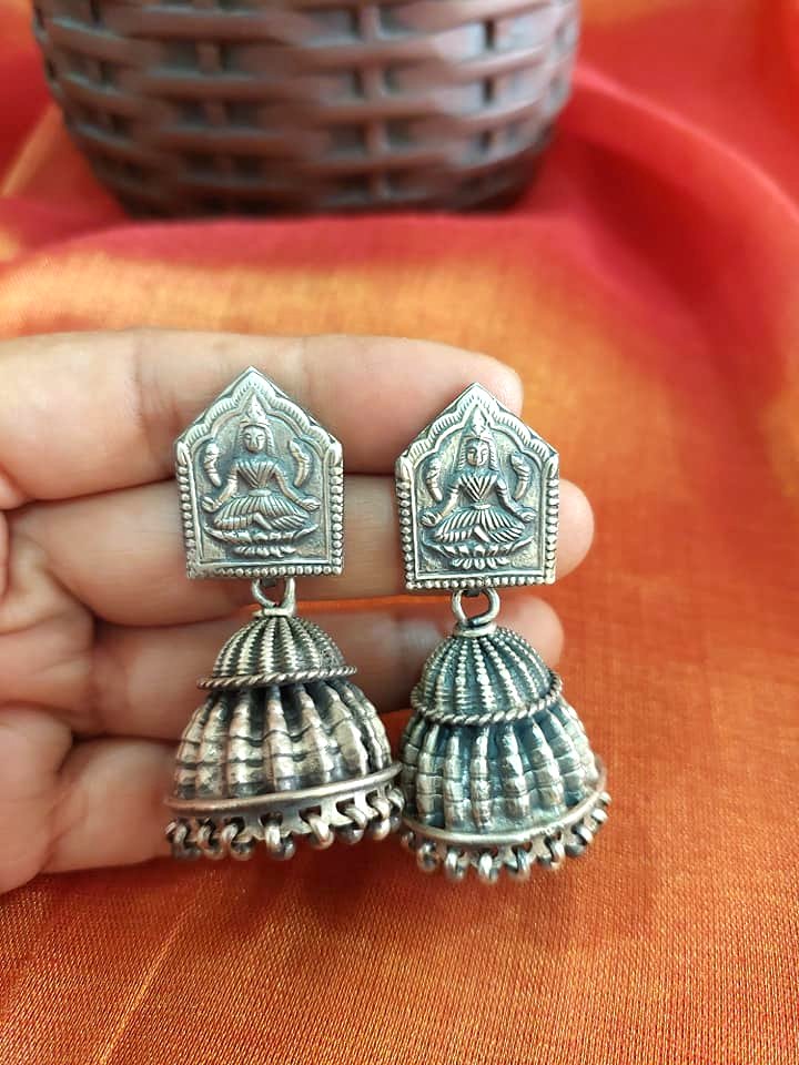 Tribe..Sterling Silver Dualtone Jhumkas Silver Lakshmi Jhumka