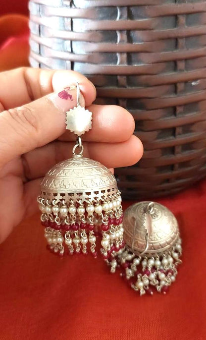 Silver Jewellery ..Sterling Silver Jhumkas Silver Earrings Silver Kundan Pearl Jhumka...