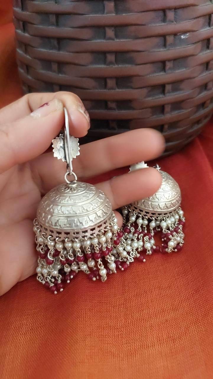 Silver Jewellery ..Sterling Silver Jhumkas Silver Earrings Silver Kundan Pearl Jhumka...