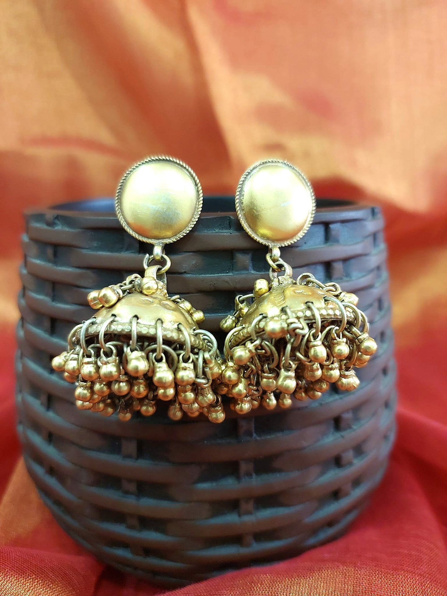 Sterling Silver Jhumka Silver Gold Polished Gungroo Jhumka..Riwaz