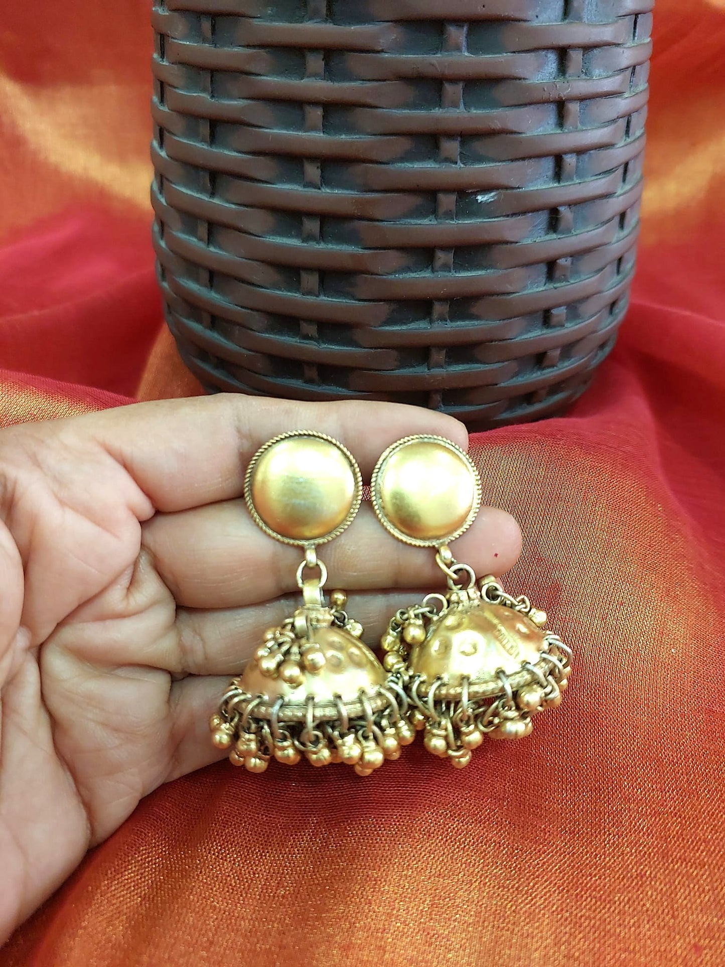 Sterling Silver Jhumka Silver Gold Polished Gungroo Jhumka..Riwaz