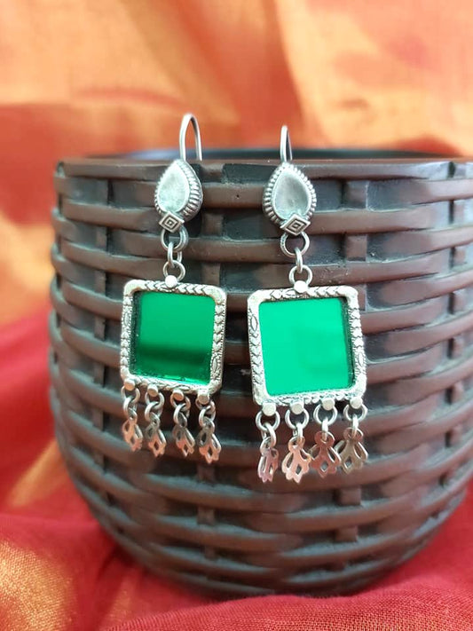 Sterling Silver Jhumka Danglers Silver Green Glass Jhumka Dangler...Tribe