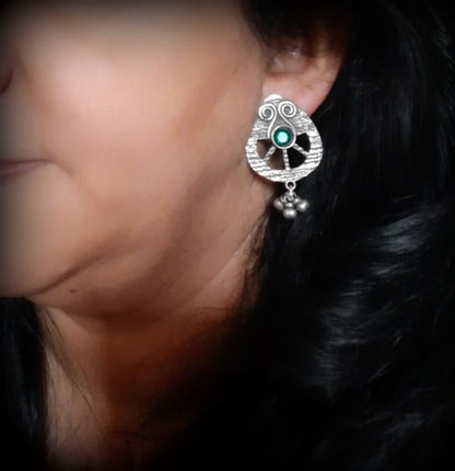 Banjaran..Vintage Silver Stud Silver Emerald Gungroo Stud