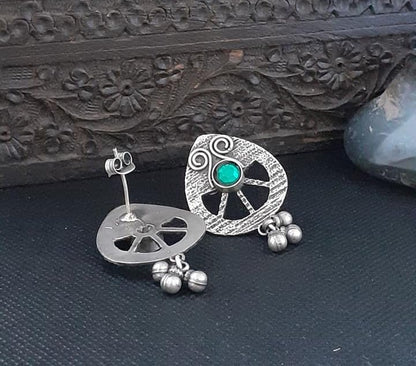 Banjaran..Vintage Silver Stud Silver Emerald Gungroo Stud